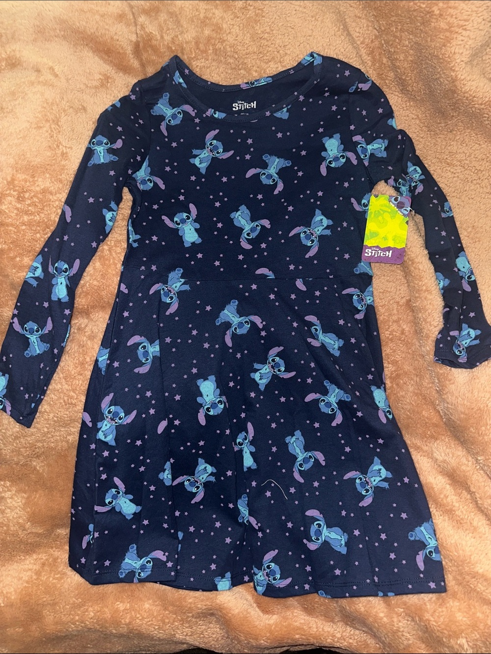Disney Navy Long-Sleeve Stitch Print Dress with Purple Accents